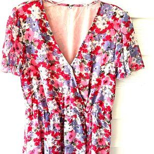 mopoogoss Pink Green Blue Red Floral Short Sleeve Midi Cottage Smock Dress  Sz M